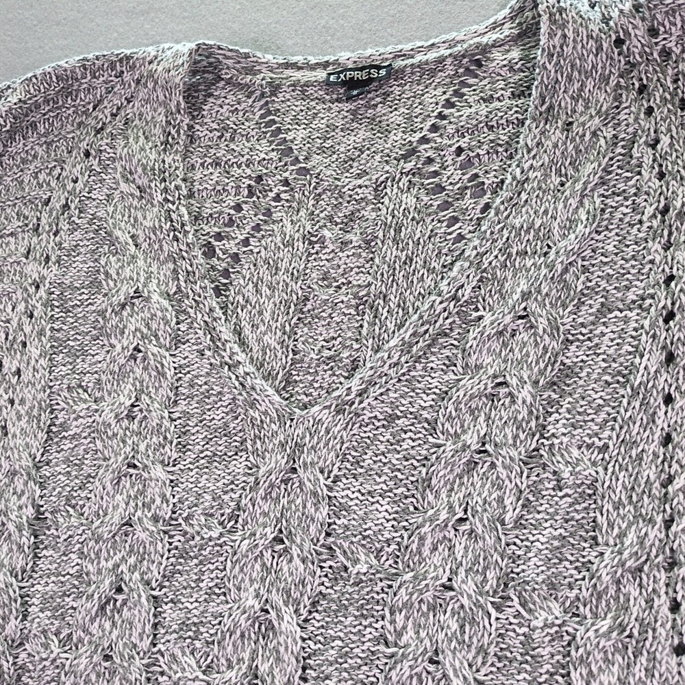 Express Tunic‎ Sweater SZ M Womens Grey Cable Knit 3/4 Sleeve V-Neck - Picture 3 of 6